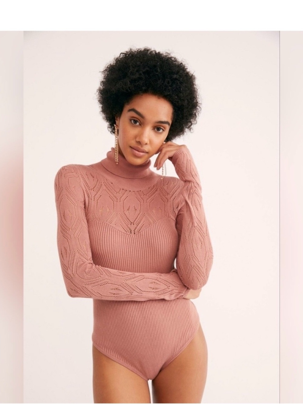 Free People Dusty Rose Knit Turtleneck Bodysuit 0244